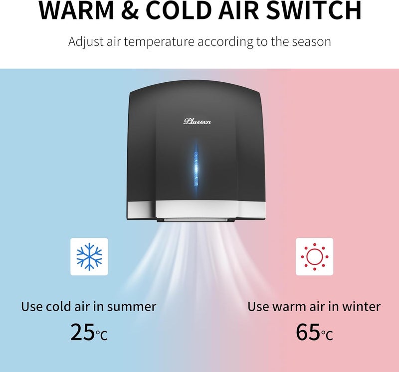 PLUSSEN Hand Dryer 110V Compact Commercial Hand Dryer Automatic Electric Air Dryers with Warm n Cold Air Switch for Home or Commercial Bathrooms, 3Pin Plug in Version - Image 3